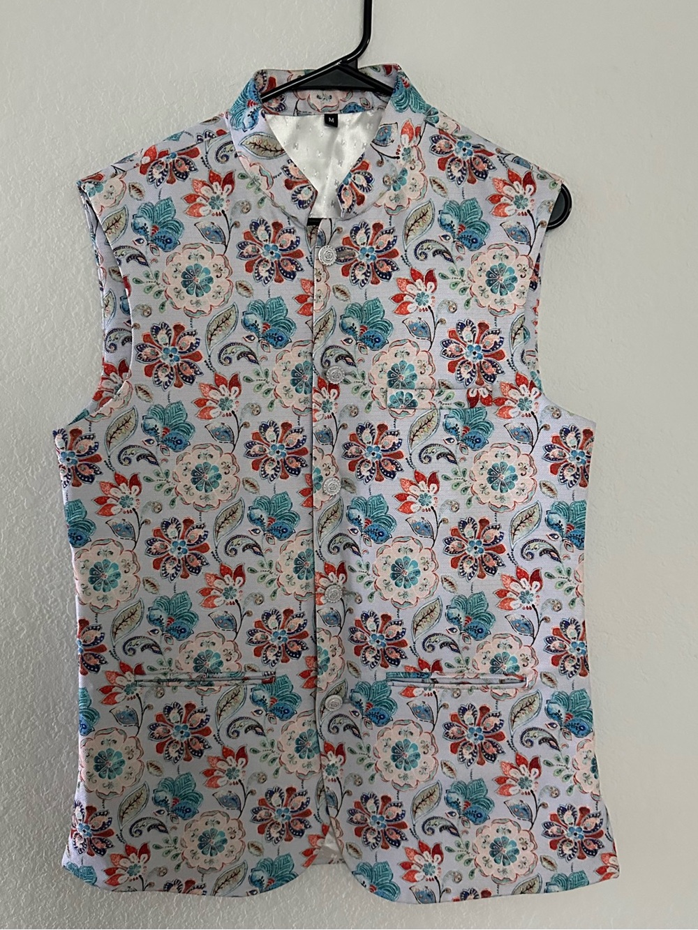 Mens Indian waistcoat traditional nehru jacket white floral Modi vest ethic fest